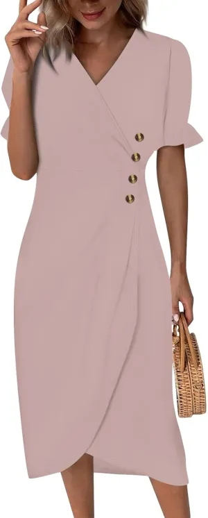 Womens Dresses Summer Wrap Midi Dresses for Women Puff Sleeve Summer Dresses Casual Loose Floor Length