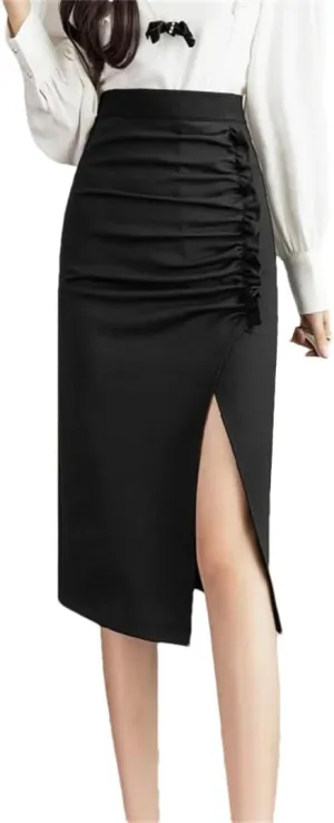 Women's Elegant Irregular Wrap High Waist Front Split Sheath Pencil Office Skirts