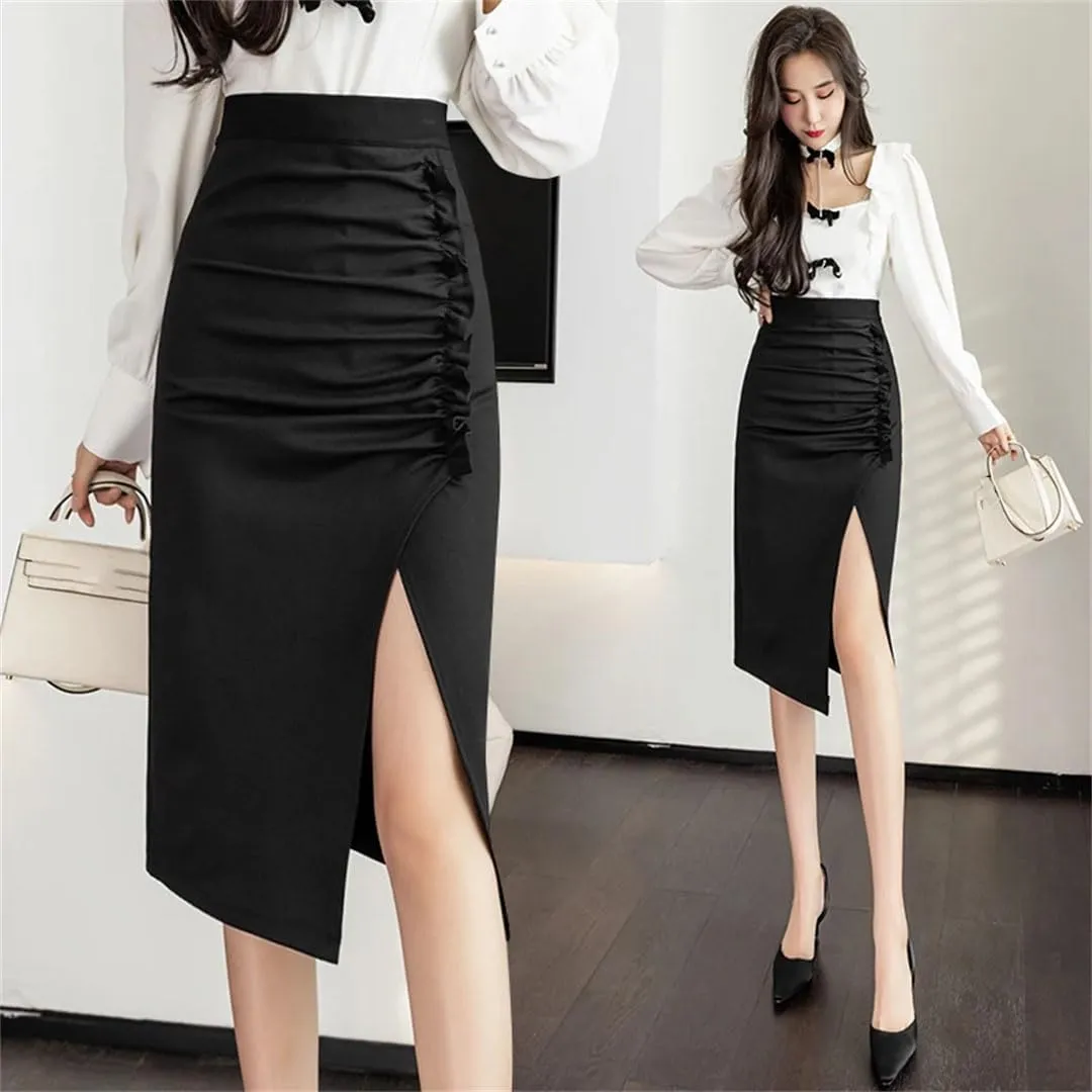 Women's Elegant Irregular Wrap High Waist Front Split Sheath Pencil Office Skirts