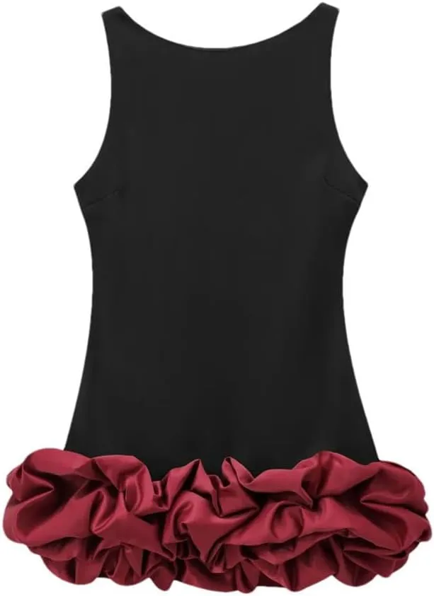 Women's Elegant Party Dresses Round Neck Sleeveless Camisole Dress Layered Decoration Short Backless Dress