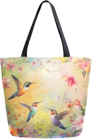 Womens Extra Large Canvas Shoulder Grocery Tote Bag, Beautiful Hummingbirds Family Flowers Durable Daily Handle Bag for Gym Yoga Weekender Picnic Beach Travel Kitchen Reusable Market Shopping
