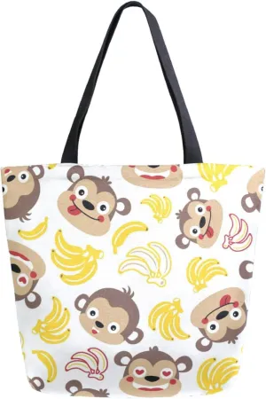 Womens Extra Large Canvas Shoulder Grocery Tote Bag, Cartoon Monkeys Face Bananas Durable Daily Handle Bag for Gym Yoga Weekender Picnic Beach Travel Kitchen Reusable Market Shopping