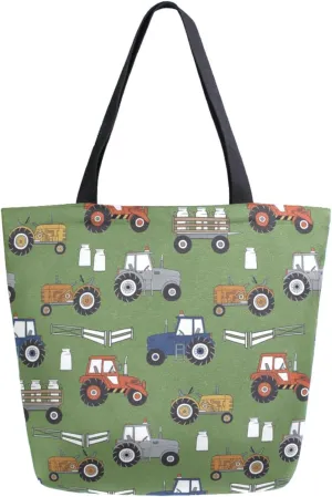 Womens Extra Large Canvas Shoulder Grocery Tote Bag, Farm Colors Tractors Work Trucks Green Durable Daily Handle Bag for Gym Yoga Weekender Picnic Beach Travel Kitchen Reusable Market Shopping