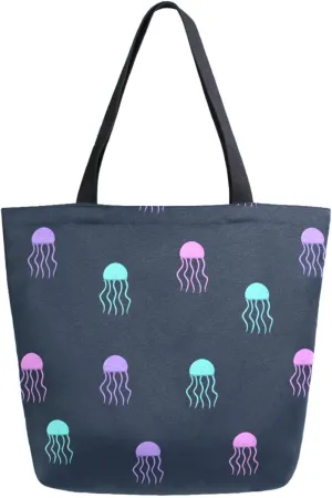 Womens Extra Large Canvas Shoulder Grocery Tote Bag, Rainbow Color Jellyfish Black Durable Daily Handle Bag for Gym Yoga Weekender Picnic Beach Travel Kitchen Reusable Market Shopping