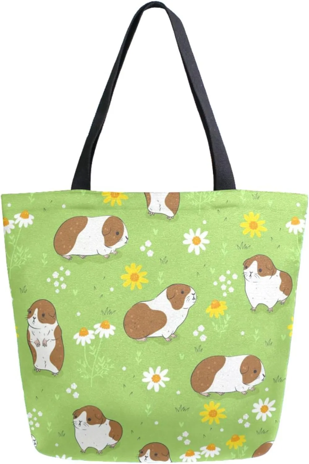 Womens Extra Large Canvas Shoulder Grocery Tote Bag, Spring Green Meadows Guinea Pigs Flowers Durable Daily Handle Bag for Gym Yoga Weekender Picnic Beach Travel Kitchen Reusable Market Shopping