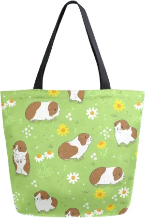 Womens Extra Large Canvas Shoulder Grocery Tote Bag, Spring Green Meadows Guinea Pigs Flowers Durable Daily Handle Bag for Gym Yoga Weekender Picnic Beach Travel Kitchen Reusable Market Shopping