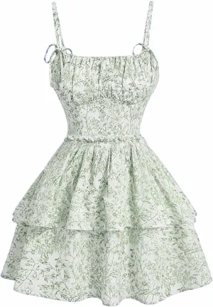 Women's Floral Print Knot Sleeveless Dress Ruched Tiered Layer Ruffle Hem Cami Dresses Boho Summer Mini Dress