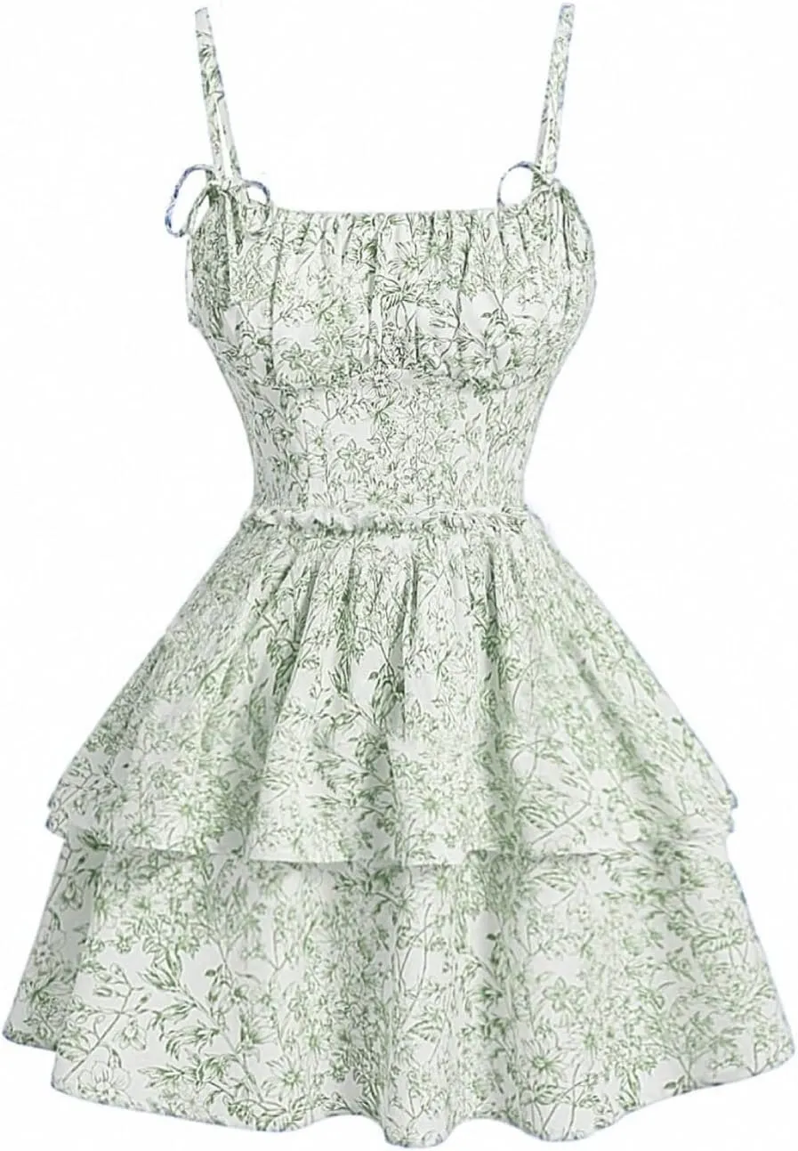 Women's Floral Print Knot Sleeveless Dress Ruched Tiered Layer Ruffle Hem Cami Dresses Boho Summer Mini Dress