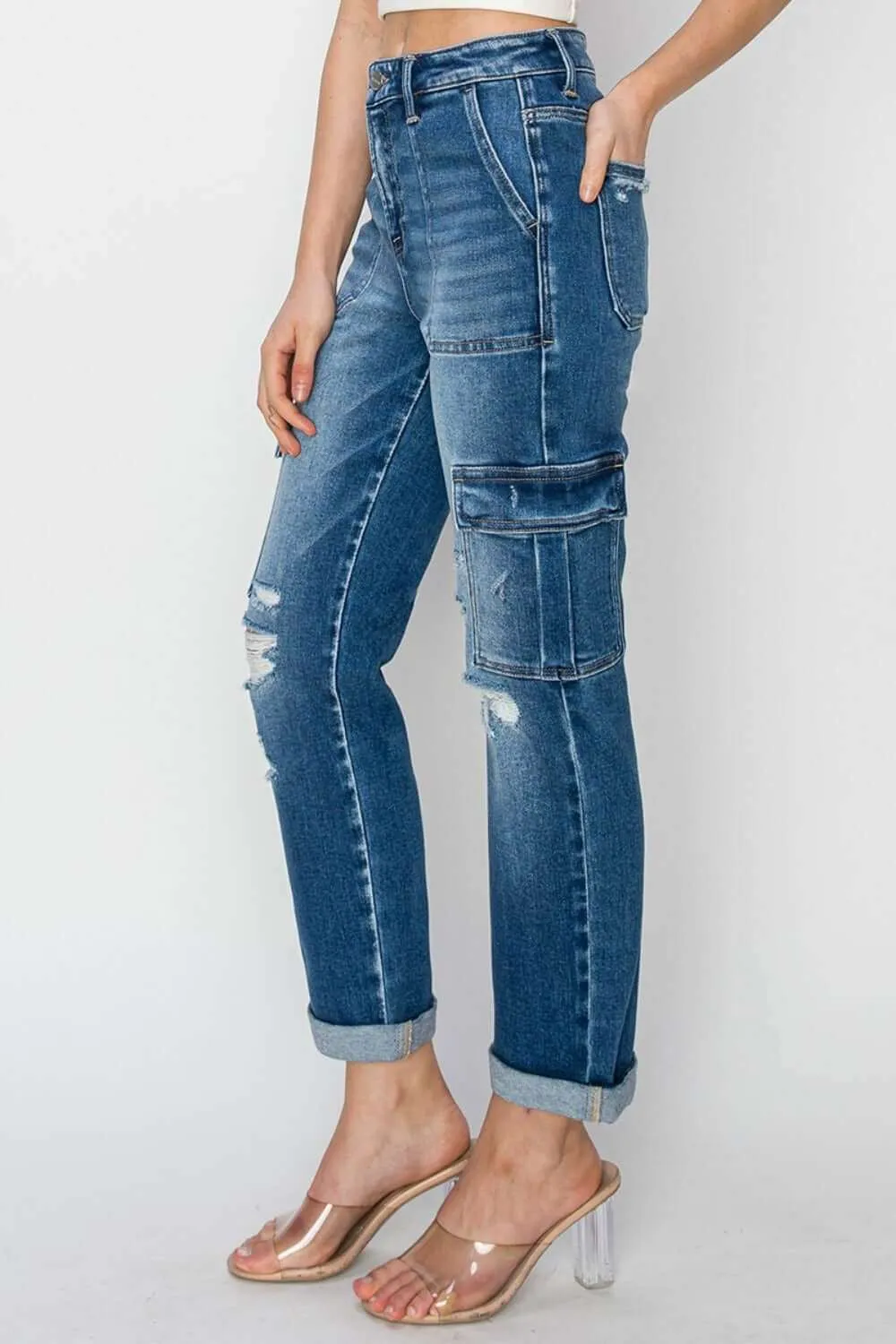 Women's Full Size High Rise Cargo Ankle Roll Up Straight Jeans