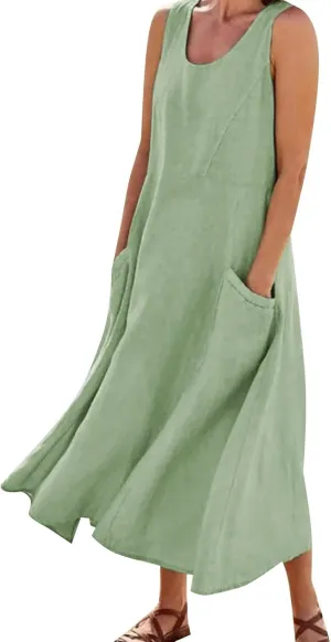Women's Linen Dress Sleeveless Cotton Linen Maxi Dresses Plus Size Flowy Tank Sundress Beach Vacation Outfits