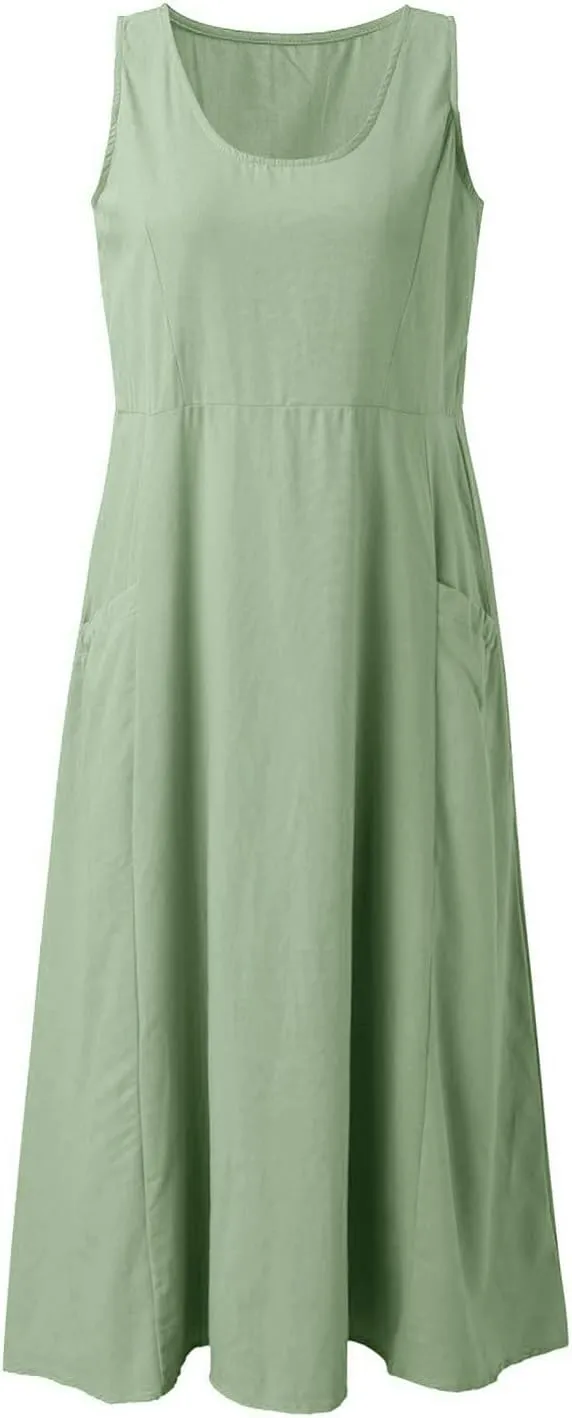 Women's Linen Dress Sleeveless Cotton Linen Maxi Dresses Plus Size Flowy Tank Sundress Beach Vacation Outfits