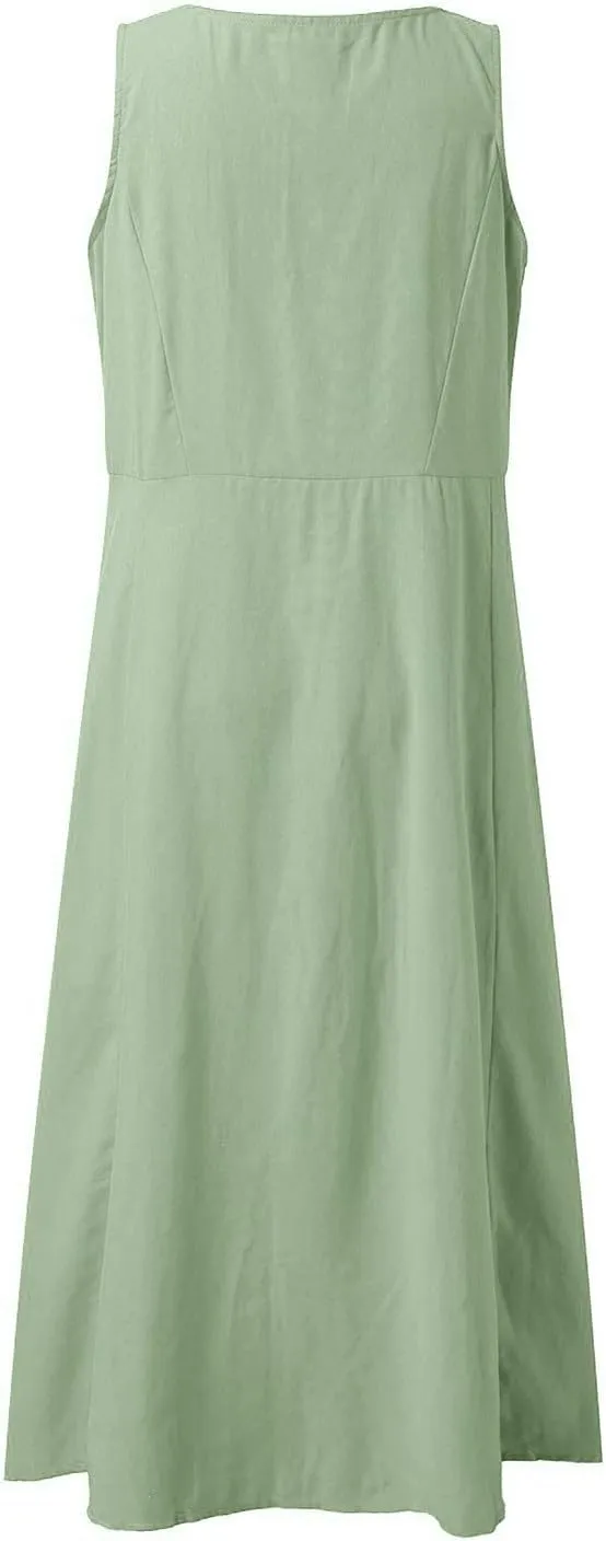 Women's Linen Dress Sleeveless Cotton Linen Maxi Dresses Plus Size Flowy Tank Sundress Beach Vacation Outfits