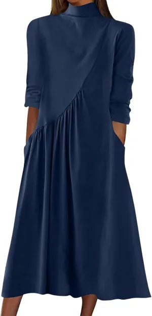 Womens Long Sleeve Turtleneck Casual Dresses Fall Winter Loose Pleated Solid Color Swing Midi Dress with Pockets