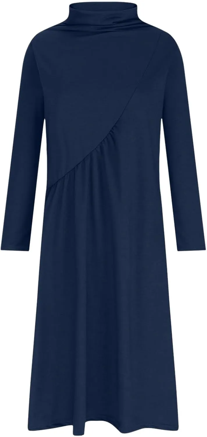 Womens Long Sleeve Turtleneck Casual Dresses Fall Winter Loose Pleated Solid Color Swing Midi Dress with Pockets