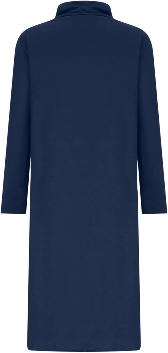 Womens Long Sleeve Turtleneck Casual Dresses Fall Winter Loose Pleated Solid Color Swing Midi Dress with Pockets