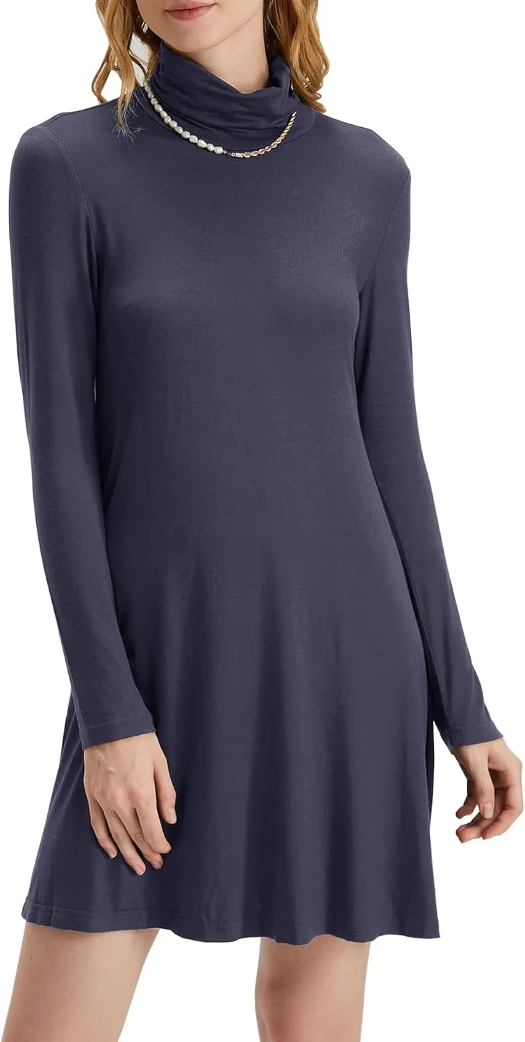 Women's Long Sleeve Turtleneck Casual Loose T-Shirt Dresses