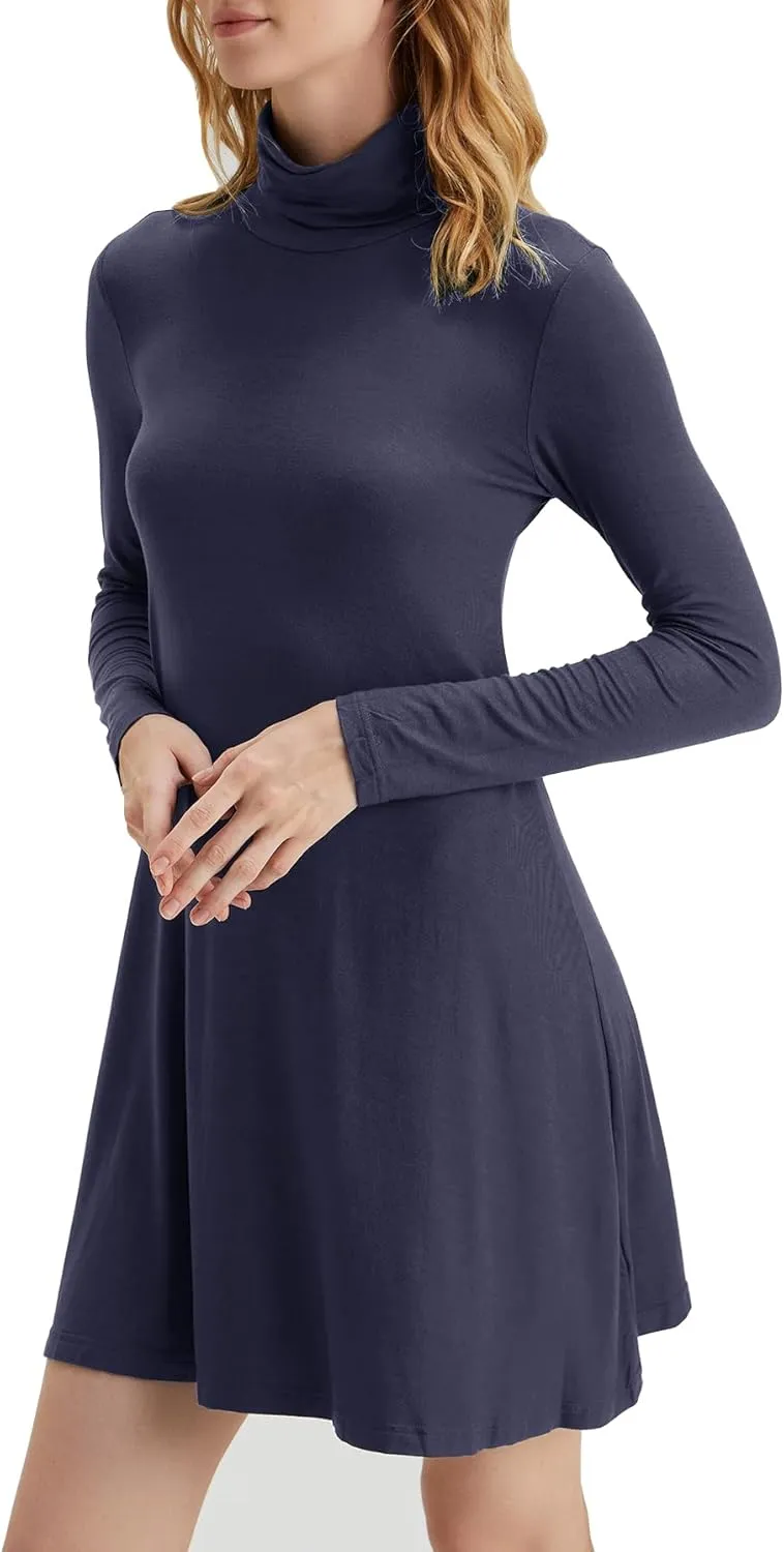 Women's Long Sleeve Turtleneck Casual Loose T-Shirt Dresses