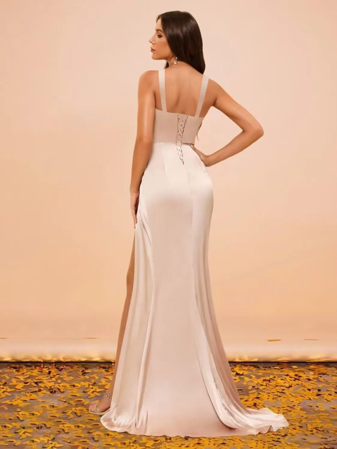 Women's Mermaid Satin Prom Dresses with Slit Square Neck Pleated Formal Evening Party Gown 2025