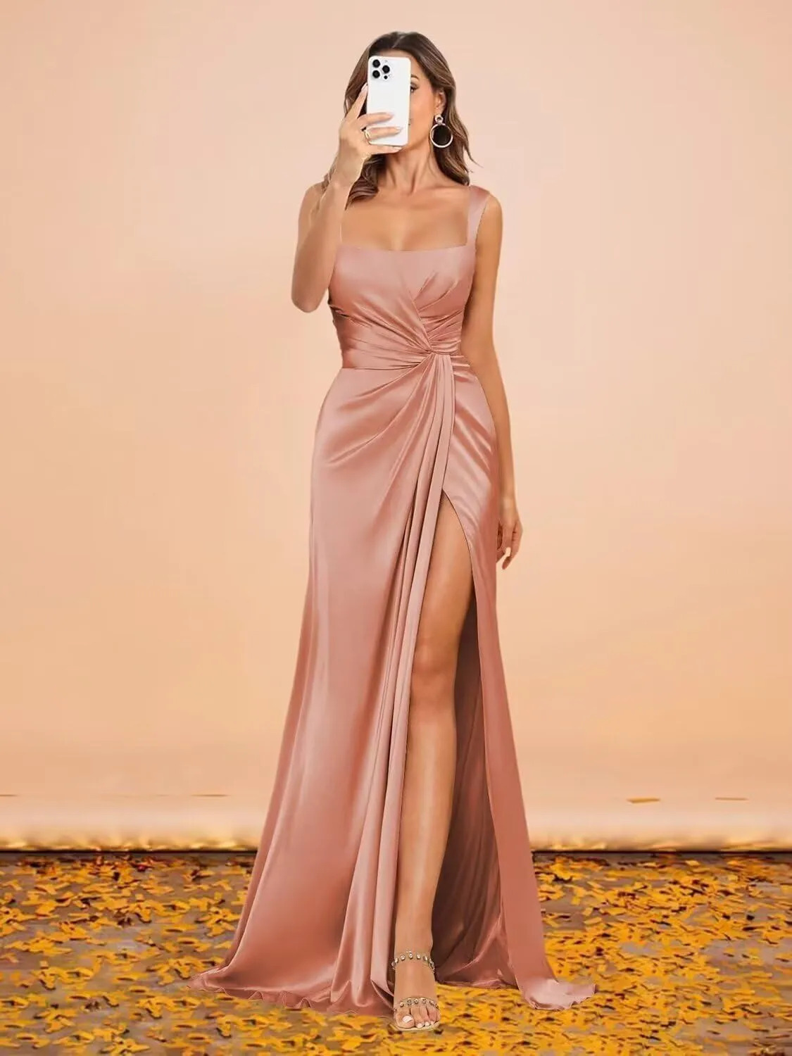 Women's Mermaid Satin Prom Dresses with Slit Square Neck Pleated Formal Evening Party Gown 2025