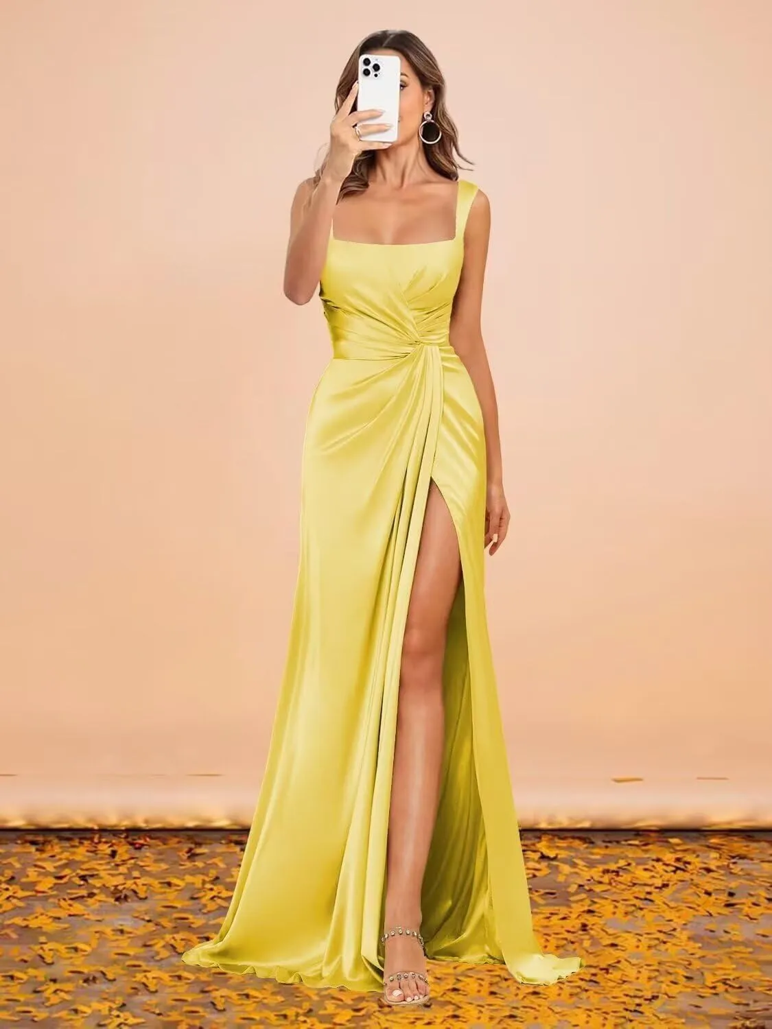 Women's Mermaid Satin Prom Dresses with Slit Square Neck Pleated Formal Evening Party Gown 2025