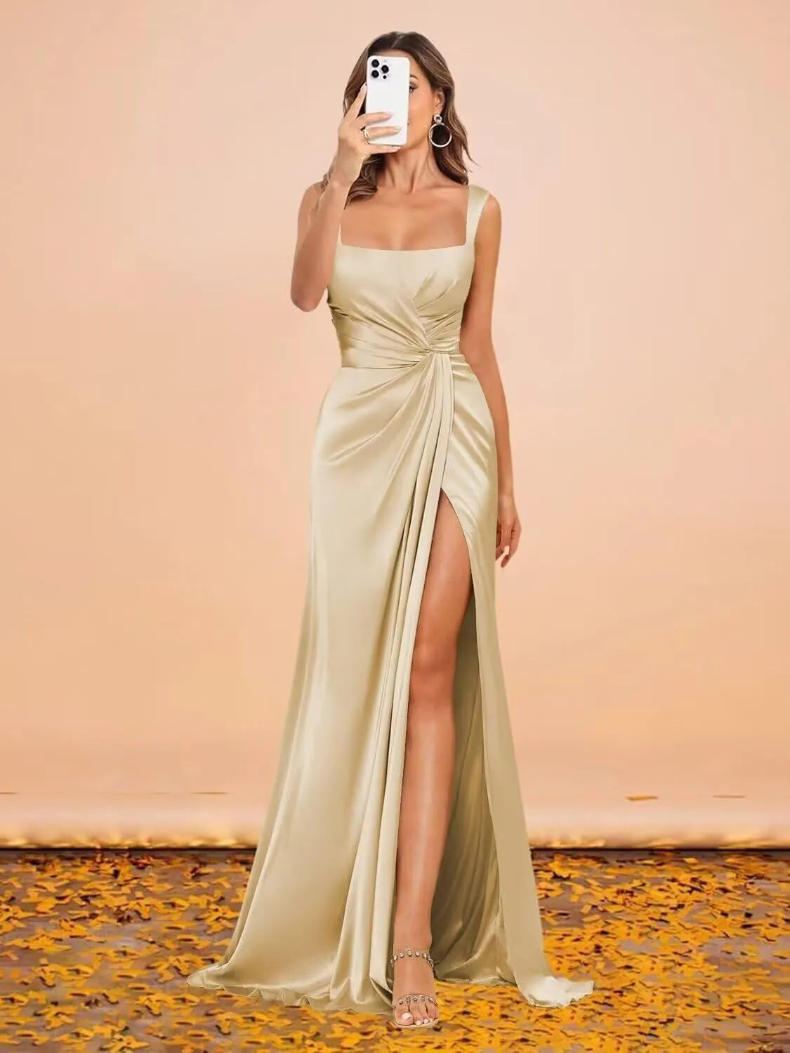 Women's Mermaid Satin Prom Dresses with Slit Square Neck Pleated Formal Evening Party Gown 2025