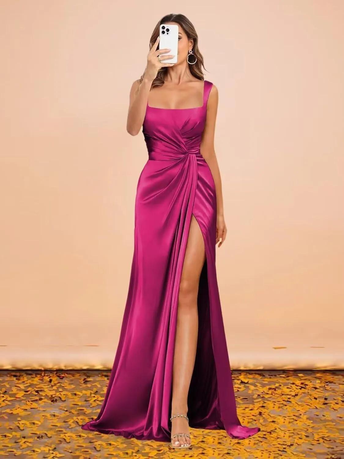 Women's Mermaid Satin Prom Dresses with Slit Square Neck Pleated Formal Evening Party Gown 2025