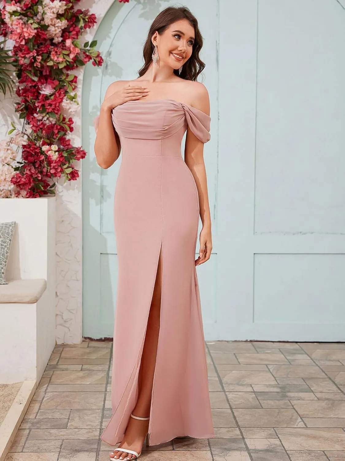 Women's Off The Shoulder Bridesmaid Dresses Side Split Chiffon Mermaid Long Formal Prom Dress