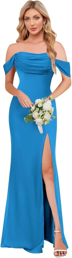 Women's Off The Shoulder Bridesmaid Dresses Side Split Chiffon Mermaid Long Formal Prom Dress