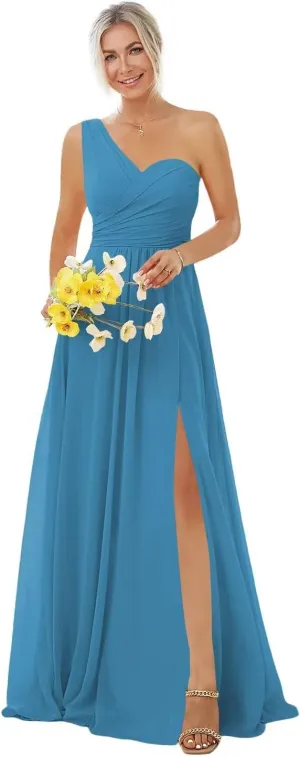 Women's One Shoulder Chiffon Bridesmaid Dresses Long A-Line Pleated Formal Party Dress with Slit