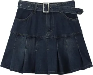 Womens Pleated Denim Mini Skirt High Waist Spring Summer Y2k Retro A-Line