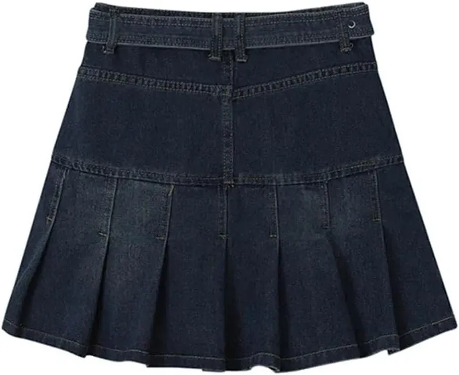 Womens Pleated Denim Mini Skirt High Waist Spring Summer Y2k Retro A-Line