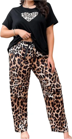 Women's Plus Size 2 Piece Leopard Pajama Sets Short Sleeve Heart Graphic Tees and Pants Sleepwear