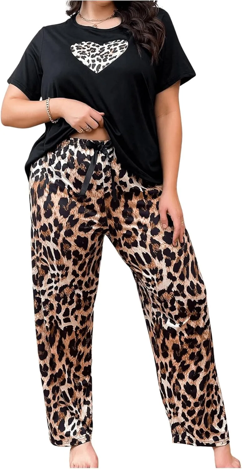 Women's Plus Size 2 Piece Leopard Pajama Sets Short Sleeve Heart Graphic Tees and Pants Sleepwear