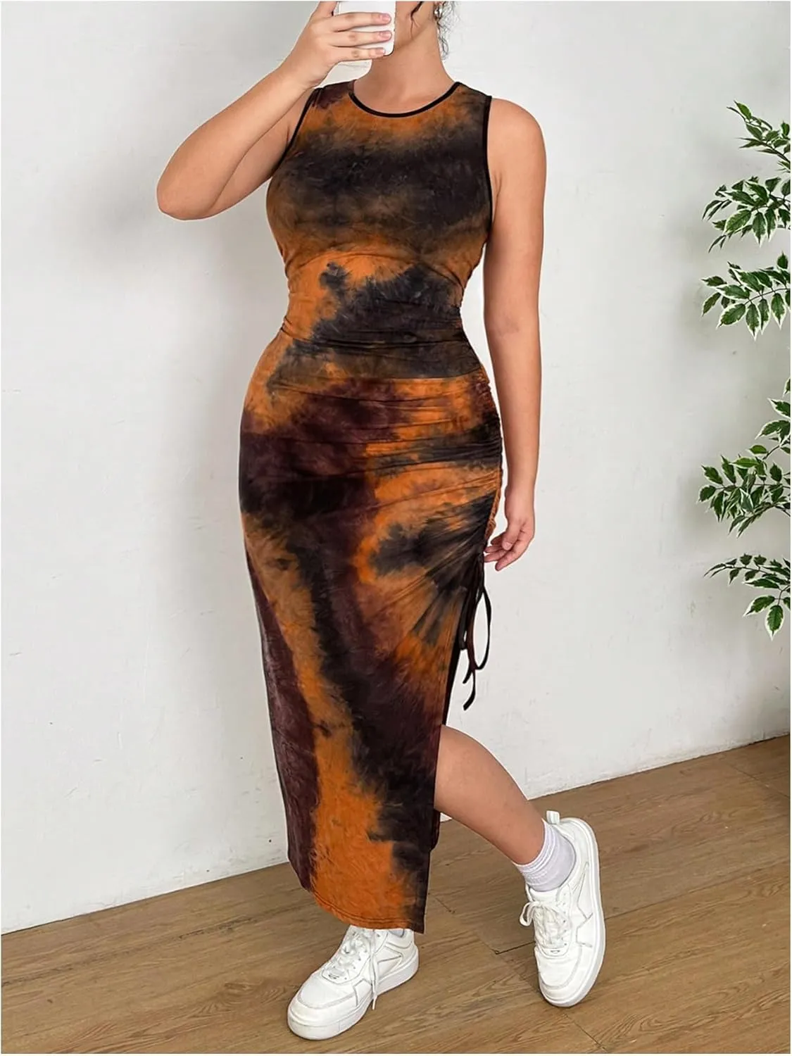 Women's Plus Size Tie Dye Tank Dress Drawstring Side Crew Neck Sleeveless Midi Dresses