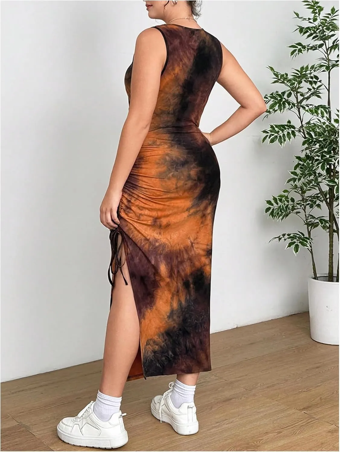Women's Plus Size Tie Dye Tank Dress Drawstring Side Crew Neck Sleeveless Midi Dresses