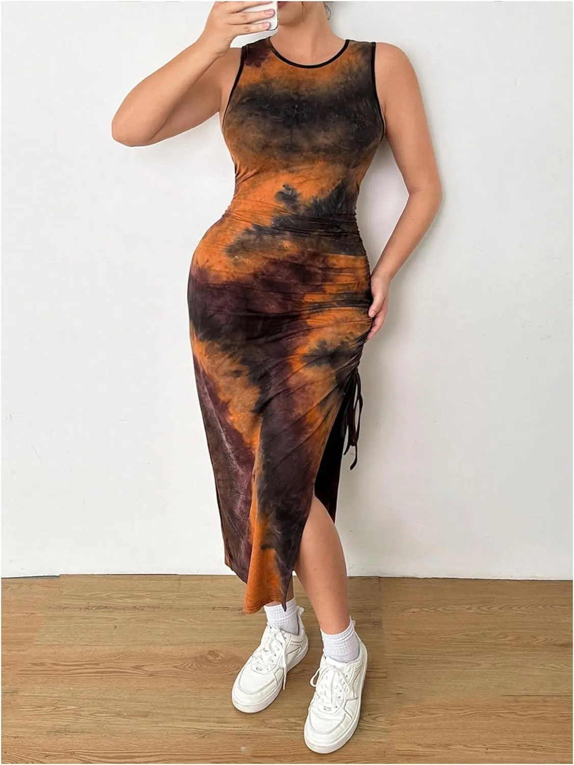 Women's Plus Size Tie Dye Tank Dress Drawstring Side Crew Neck Sleeveless Midi Dresses