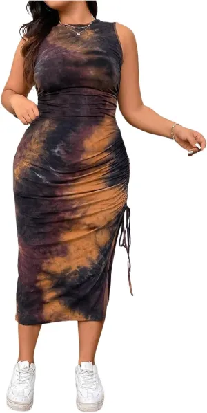 Women's Plus Size Tie Dye Tank Dress Drawstring Side Crew Neck Sleeveless Midi Dresses