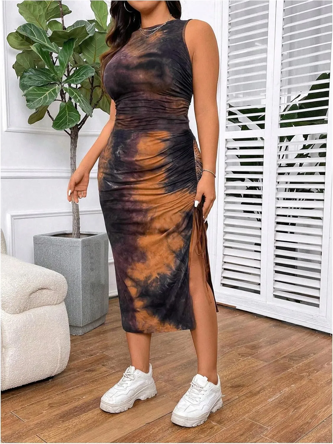 Women's Plus Size Tie Dye Tank Dress Drawstring Side Crew Neck Sleeveless Midi Dresses