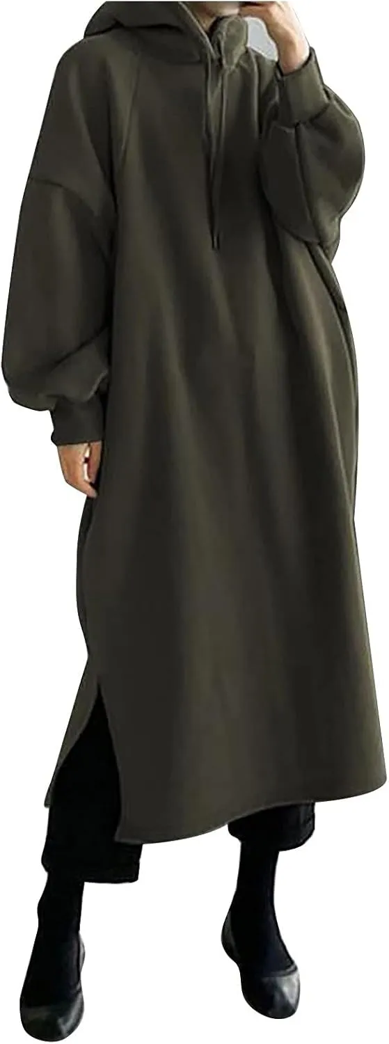 Women's Pullover Hoodie Maxi Dress 2024 Baggy Loose Long Sleeve Hooded Sweatshirt with Pockets