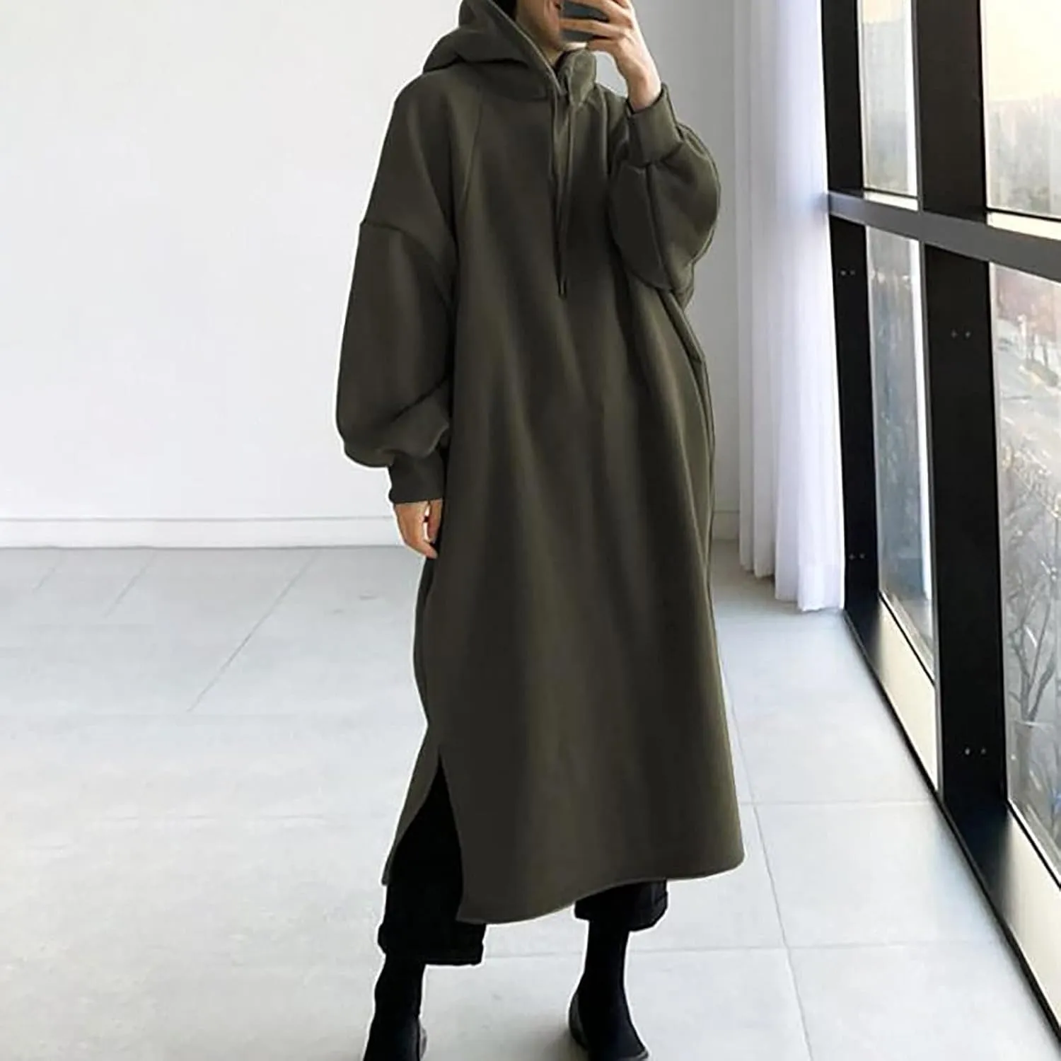 Women's Pullover Hoodie Maxi Dress 2024 Baggy Loose Long Sleeve Hooded Sweatshirt with Pockets