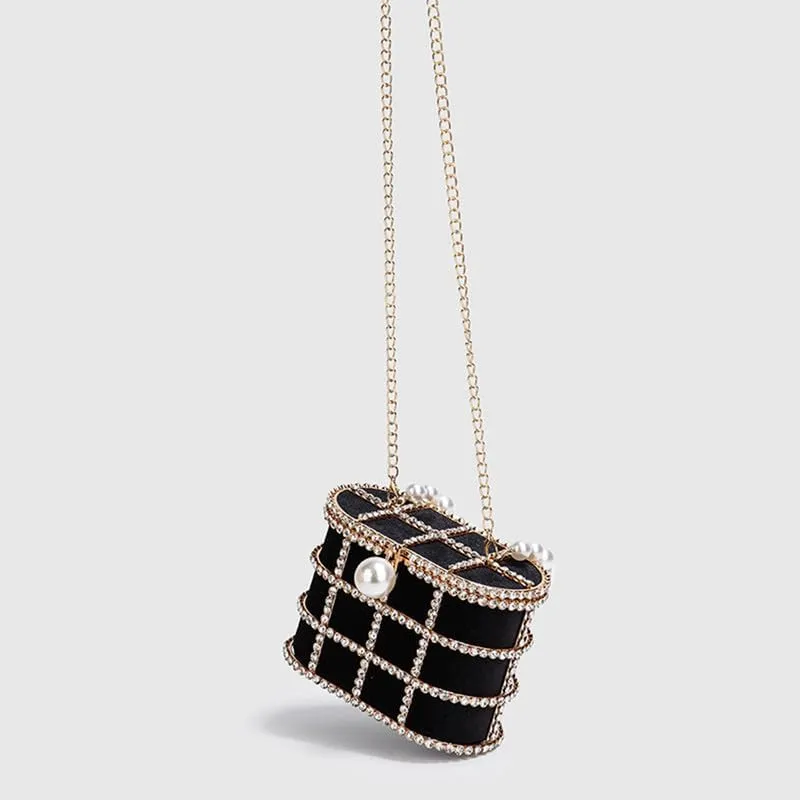 Women's Shoulder Handbag Wedding Clutch Purse Sparkly Rhinestone Bag with Pearl Handle Bride Purse Evening Handbags Black