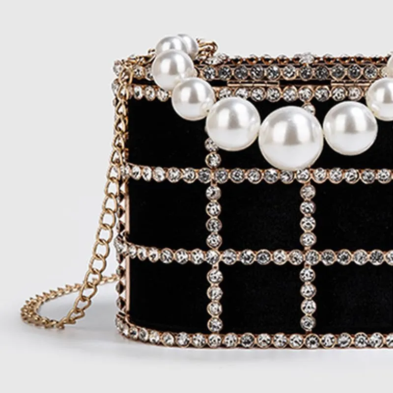 Women's Shoulder Handbag Wedding Clutch Purse Sparkly Rhinestone Bag with Pearl Handle Bride Purse Evening Handbags Black