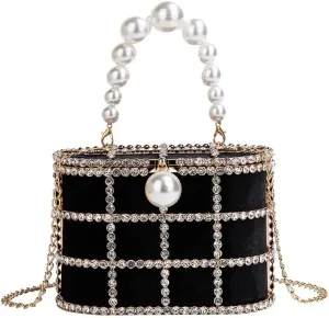 Women's Shoulder Handbag Wedding Clutch Purse Sparkly Rhinestone Bag with Pearl Handle Bride Purse Evening Handbags Black