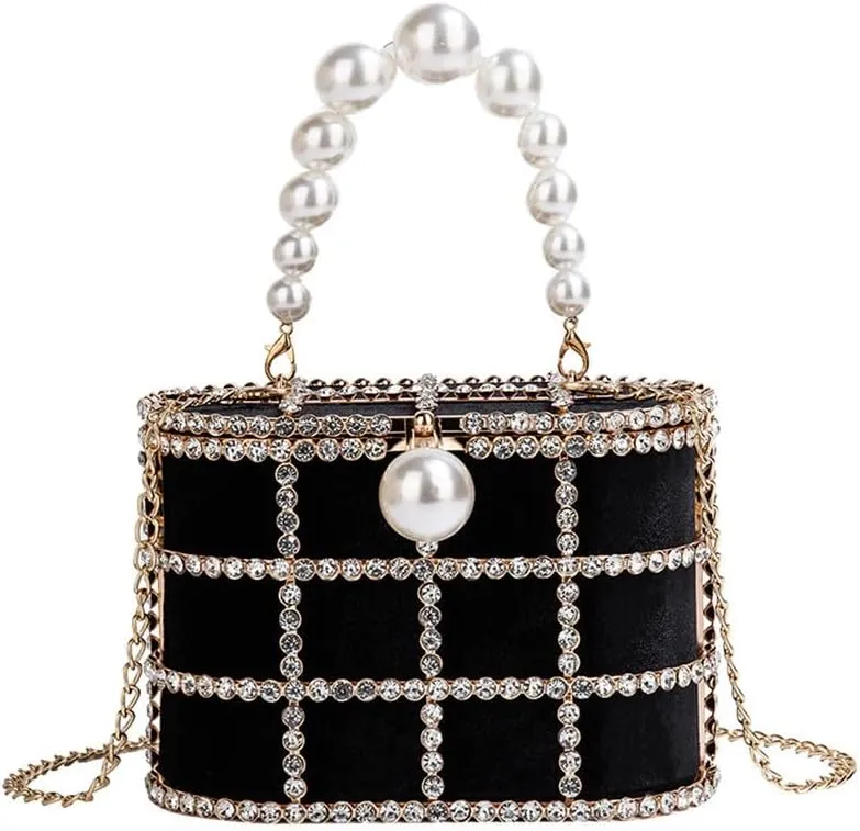 Women's Shoulder Handbag Wedding Clutch Purse Sparkly Rhinestone Bag with Pearl Handle Bride Purse Evening Handbags Black