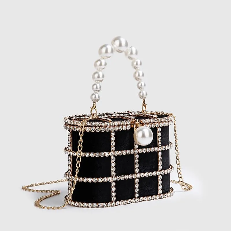 Women's Shoulder Handbag Wedding Clutch Purse Sparkly Rhinestone Bag with Pearl Handle Bride Purse Evening Handbags Black