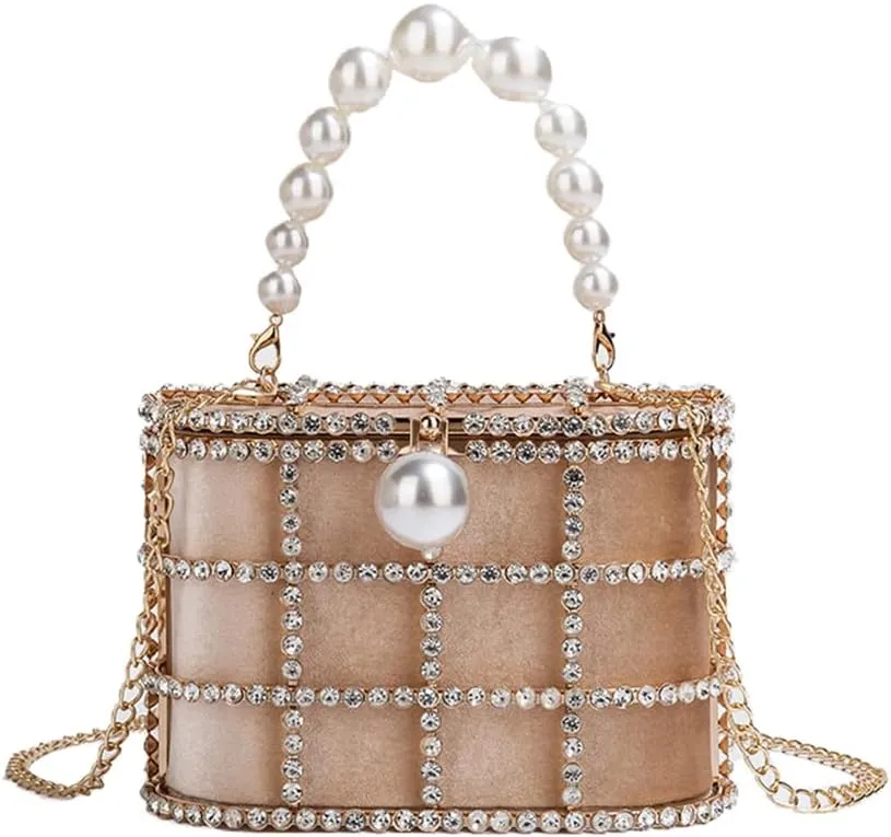 Women's Shoulder Handbag Wedding Clutch Purse Sparkly Rhinestone Bag with Pearl Handle Bride Purse Evening Handbags Champagne