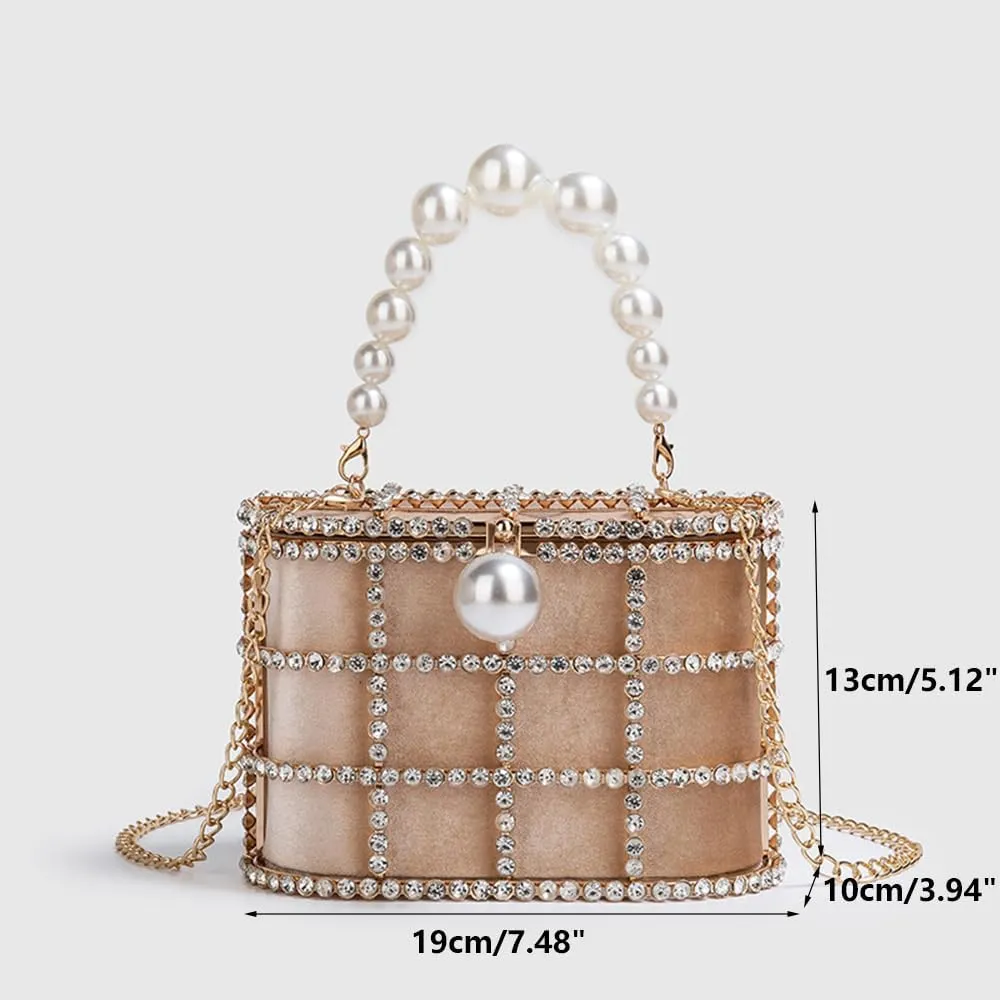 Women's Shoulder Handbag Wedding Clutch Purse Sparkly Rhinestone Bag with Pearl Handle Bride Purse Evening Handbags Champagne