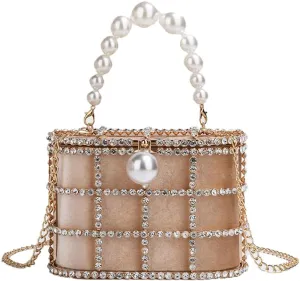 Women's Shoulder Handbag Wedding Clutch Purse Sparkly Rhinestone Bag with Pearl Handle Bride Purse Evening Handbags Champagne