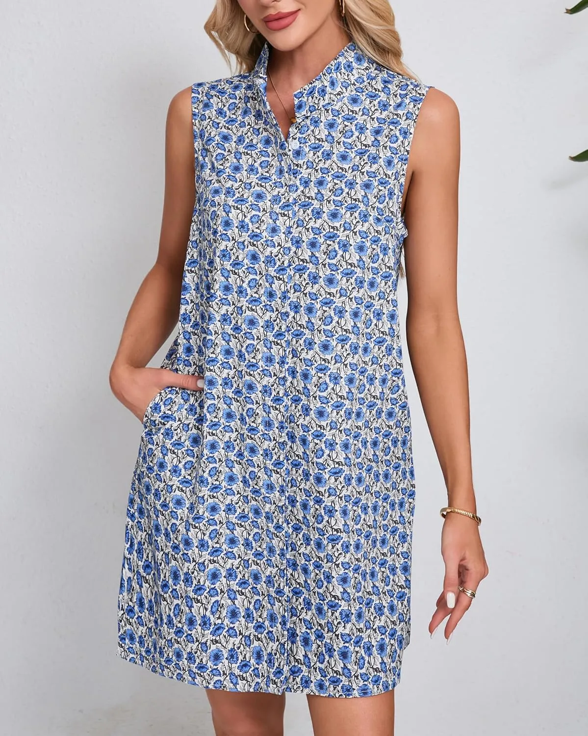 Women's Sleeveless Floral Mini Dress Button Down Tunic Shift Casual Boho Summer Tank Dress