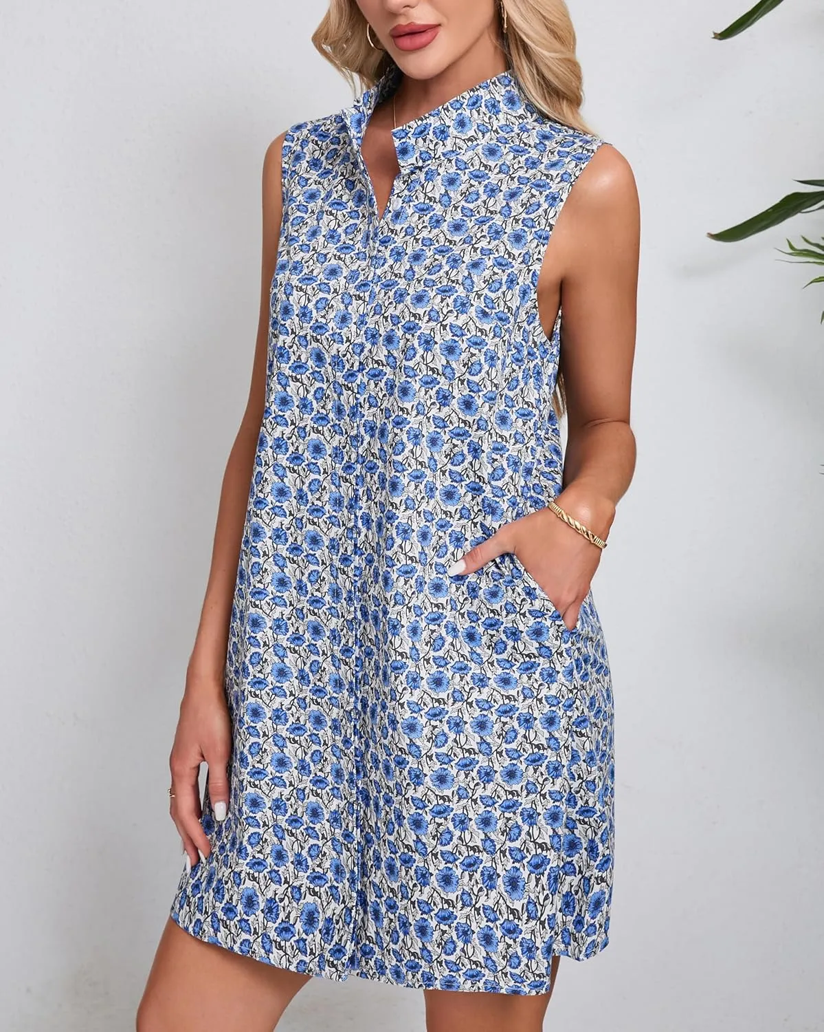 Women's Sleeveless Floral Mini Dress Button Down Tunic Shift Casual Boho Summer Tank Dress